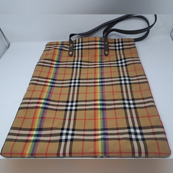 Burberry Women's Shoulder Bag Tote Nova Check Rainbow Pride Italy 19" x 15.5" - Picture 1 of 15